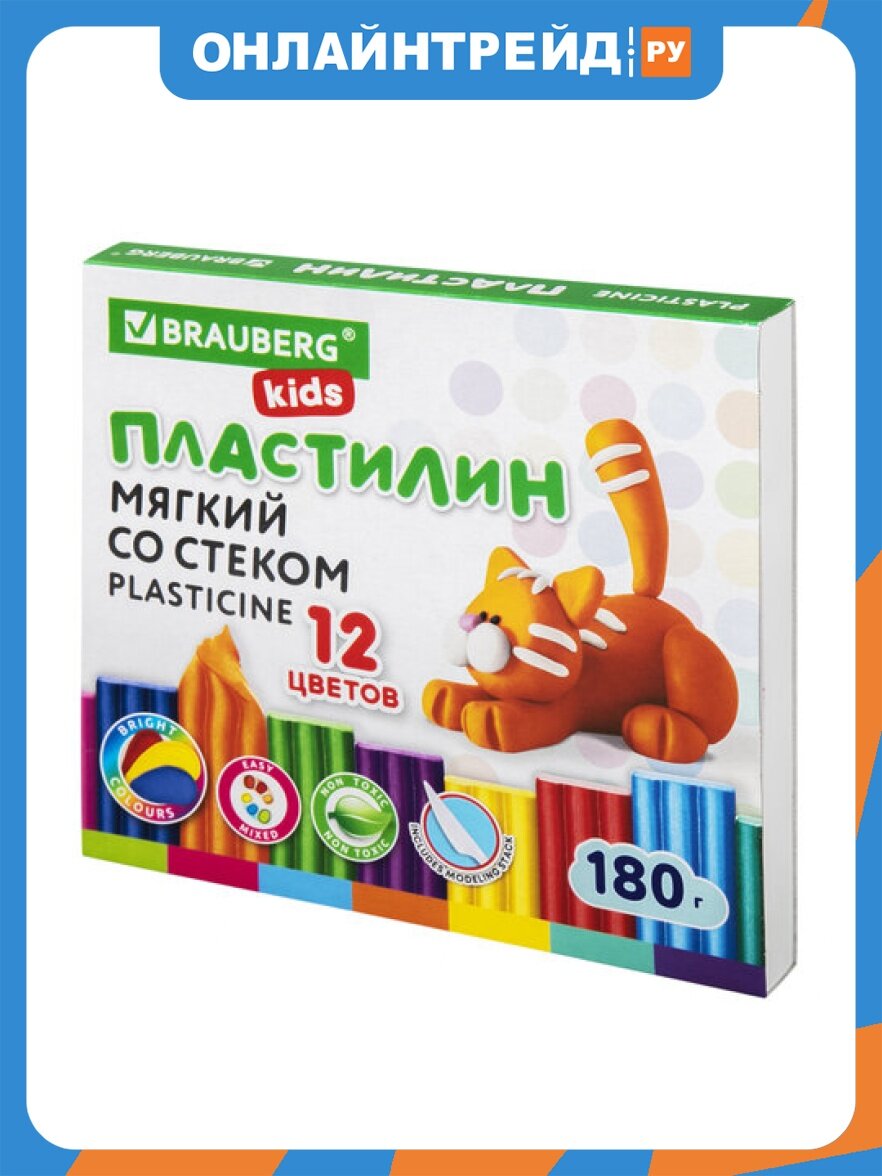 Пластилин Brabix мягкий восковой BRAUBERG KIDS, 12 цветов, 180 г, со стеком, 106495