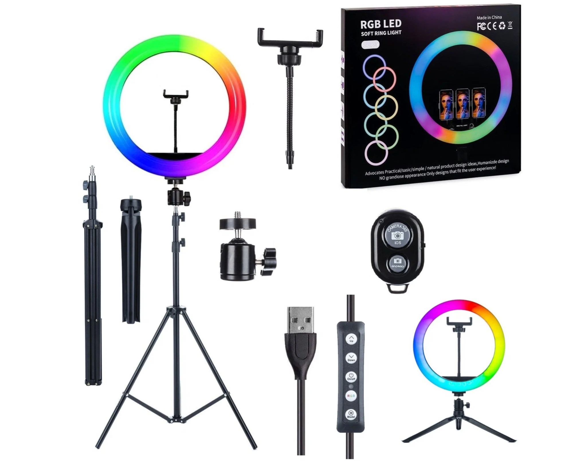 Кольцевая лампа с RGB подсветкой 30см + штатив + настольный держатель + пульт