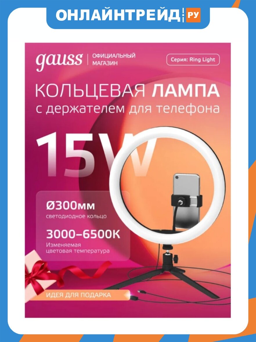 Кольцевая светодиодная лампа Gauss с комплектом креплений для установки телефона. 30 см.