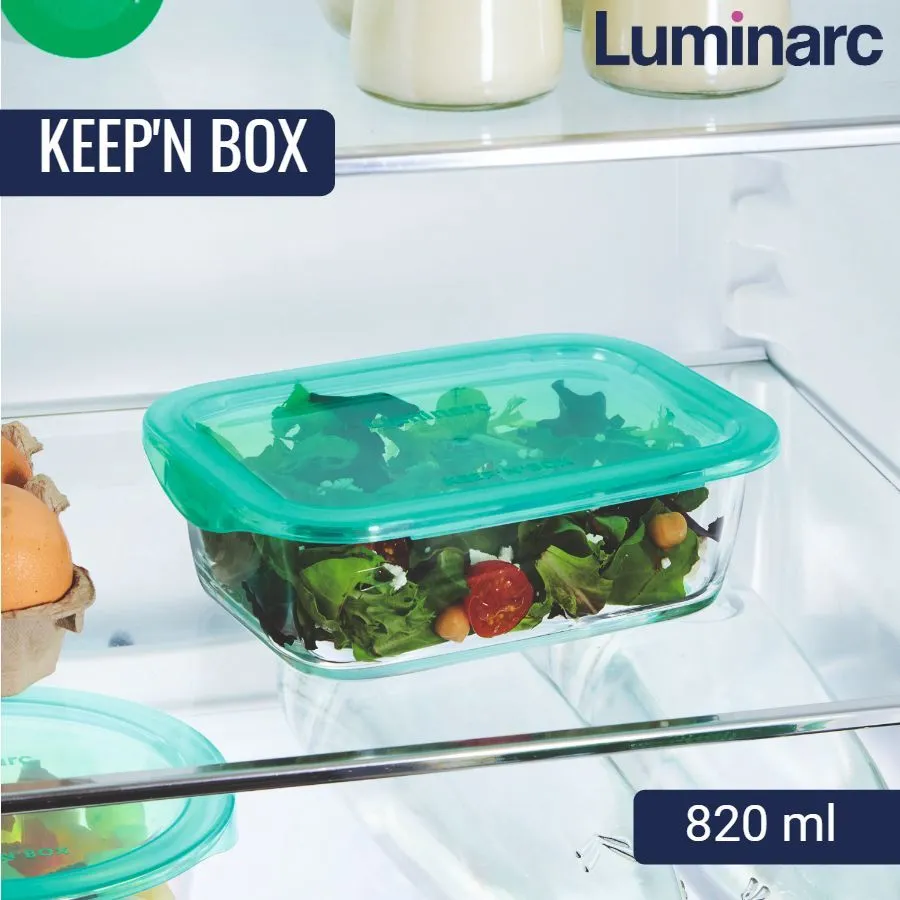 Контейнер стеклянный для продуктов, 820 мл, прямоугольный, KEEP'N'BOX LUMINARC, стекло/крышка пластиковая бирюзовая