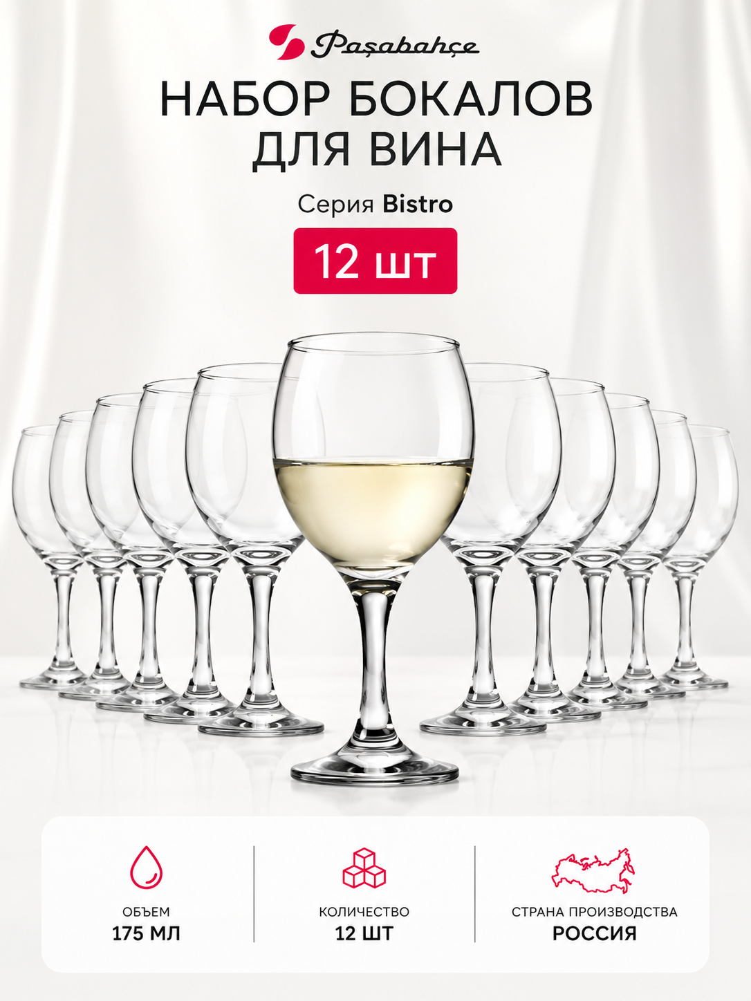 Набор бокалов для вина 175 мл. 12 шт. Pasabahce Bistro, диаметр 6,8 см