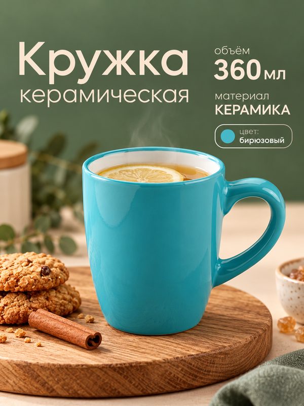 Кружка для чая и кофе керамическая Доляна «Дымка», 360 мл, цвет бирюзовый
