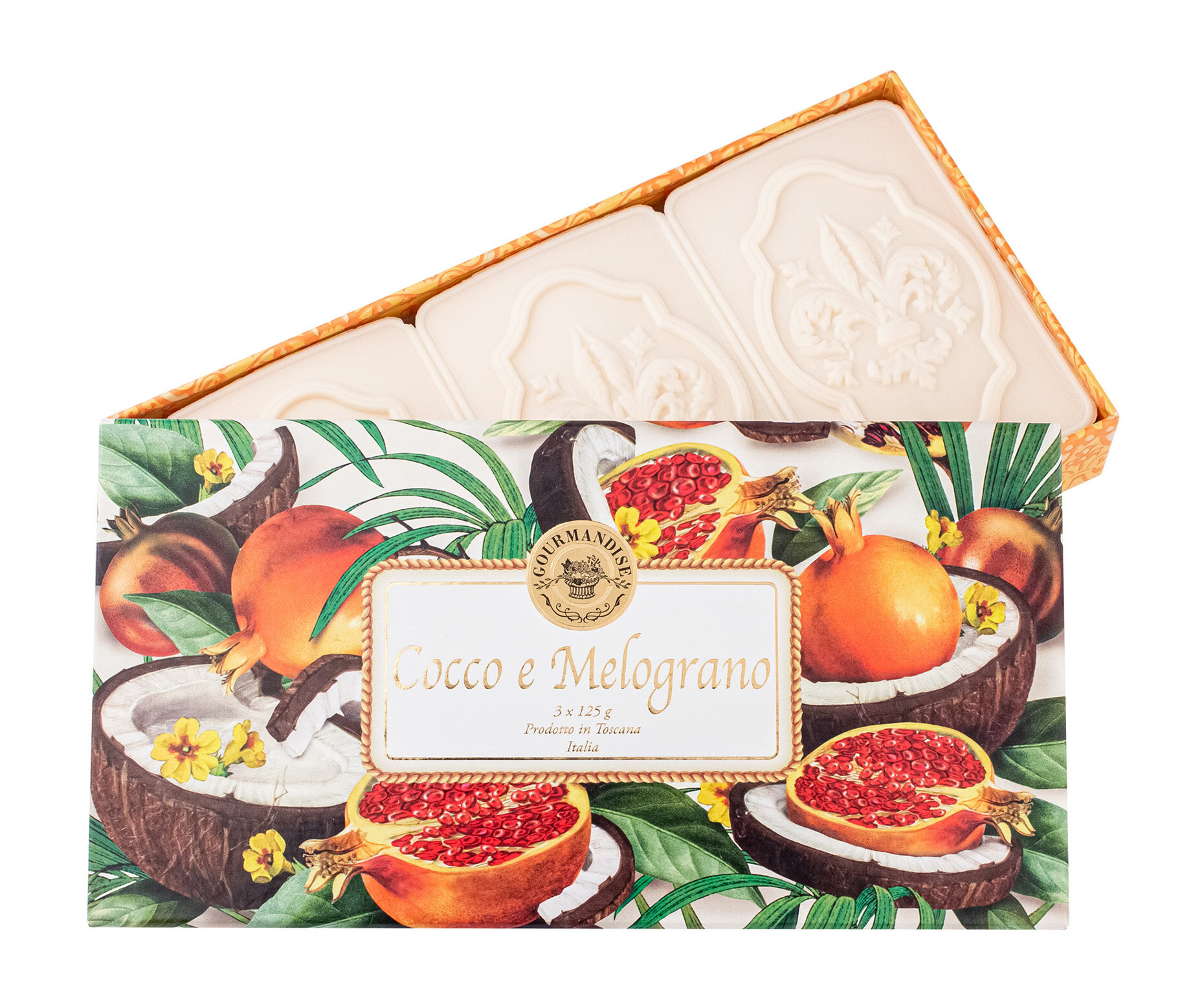 GOURMANDISE Набор натурального парфюмированного мыла Кокос и гранат 3х125 г