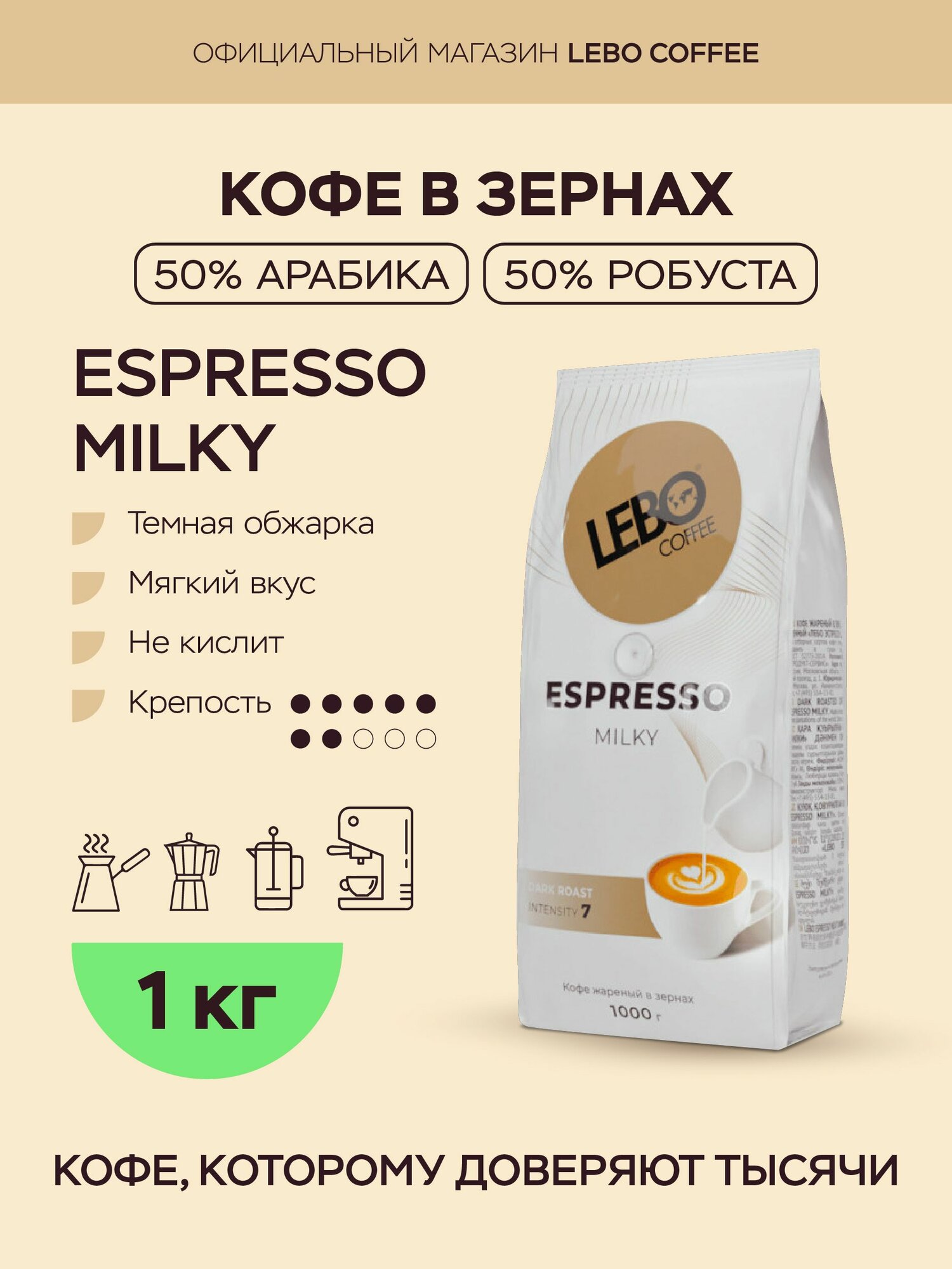 Кофе в зернах 1 кг Lebo ESPRESSO MILKY, бленд арабика 50% робуста 50% темная обжарка