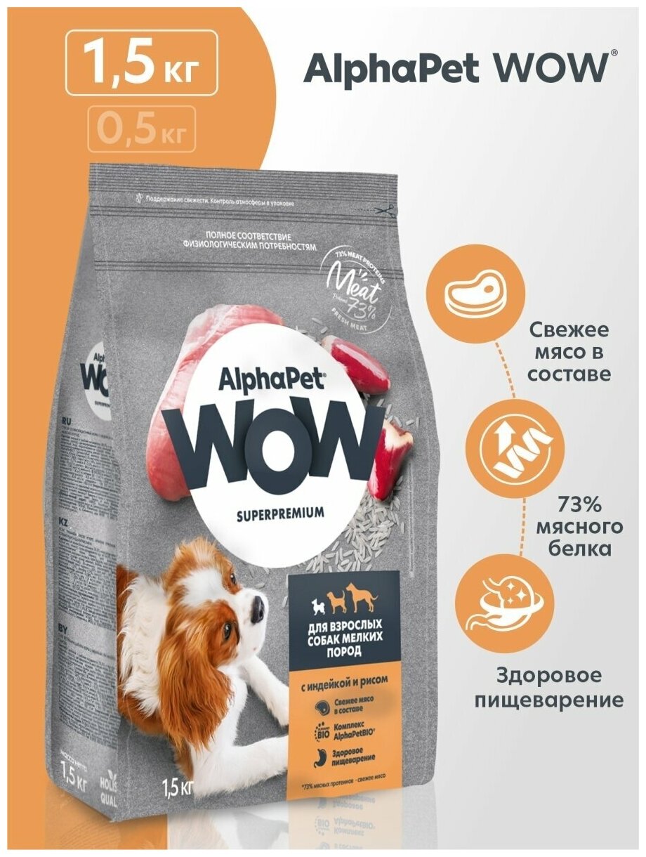Сухой корм для собак мелких пород AlphaPet WOW Superpremium с индейкой и рисом, 1,5 кг