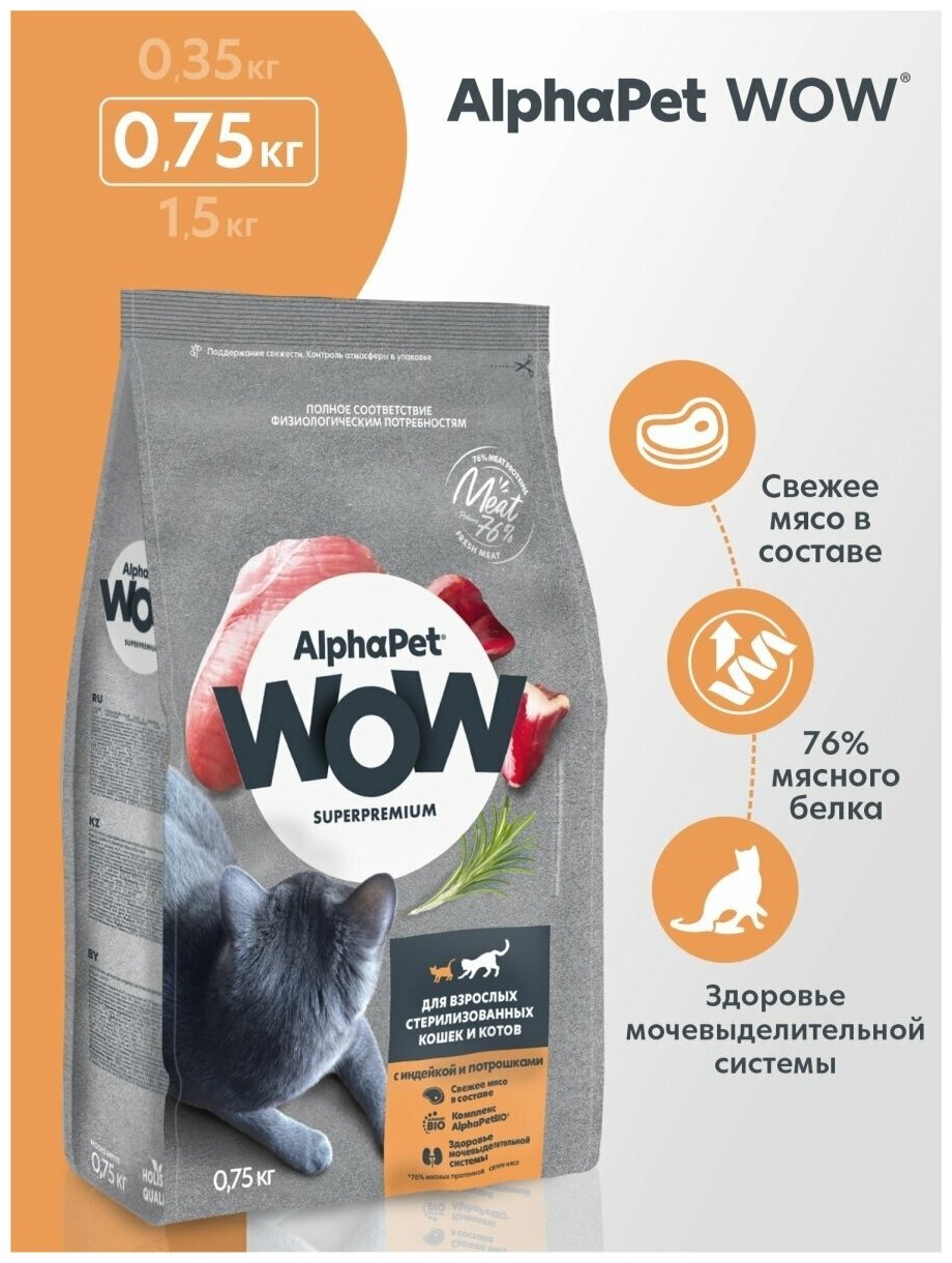 Сухой корм для стерилизованных кошек AlphaPet WOW с индейкой и потрошками, 0,75 кг
