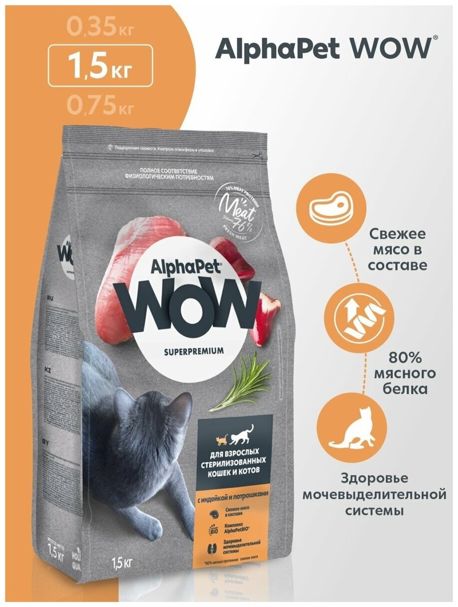 Корм AlphaPet WOW Sterile, для взрослых стерилизованных кошек, с индейкой, 1,5 кг
