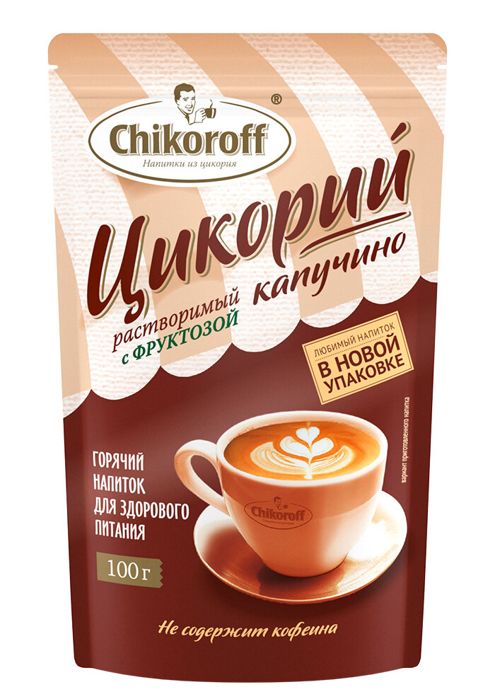 Цикорий Chikoroff растворимый порошкообразный Капучино с фруктозой, в пакетиках, пакет, 100 г