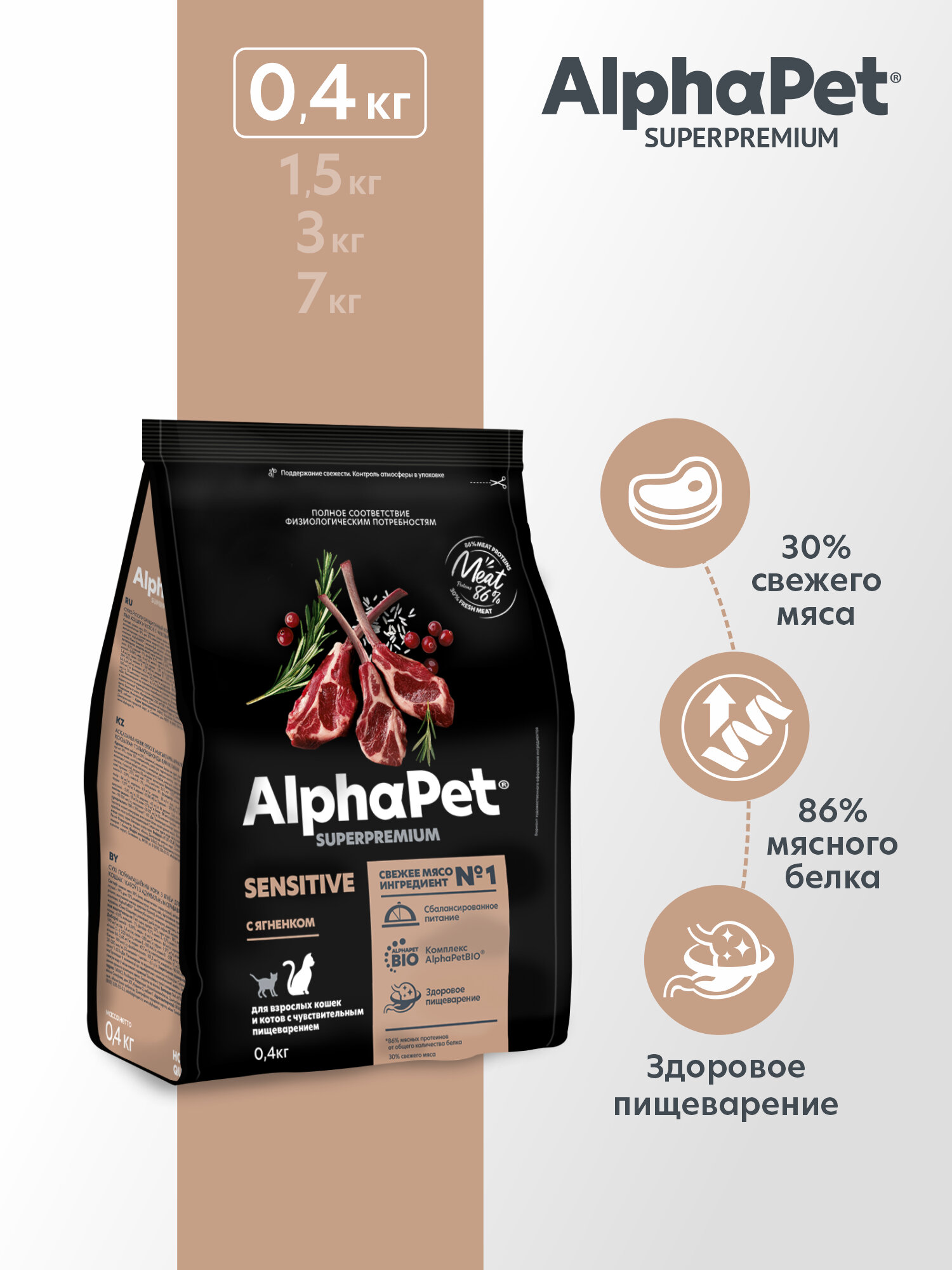 Сухой корм для кошек с чувствительным пищеварением AlphaPet с ягненком, 0,4 кг