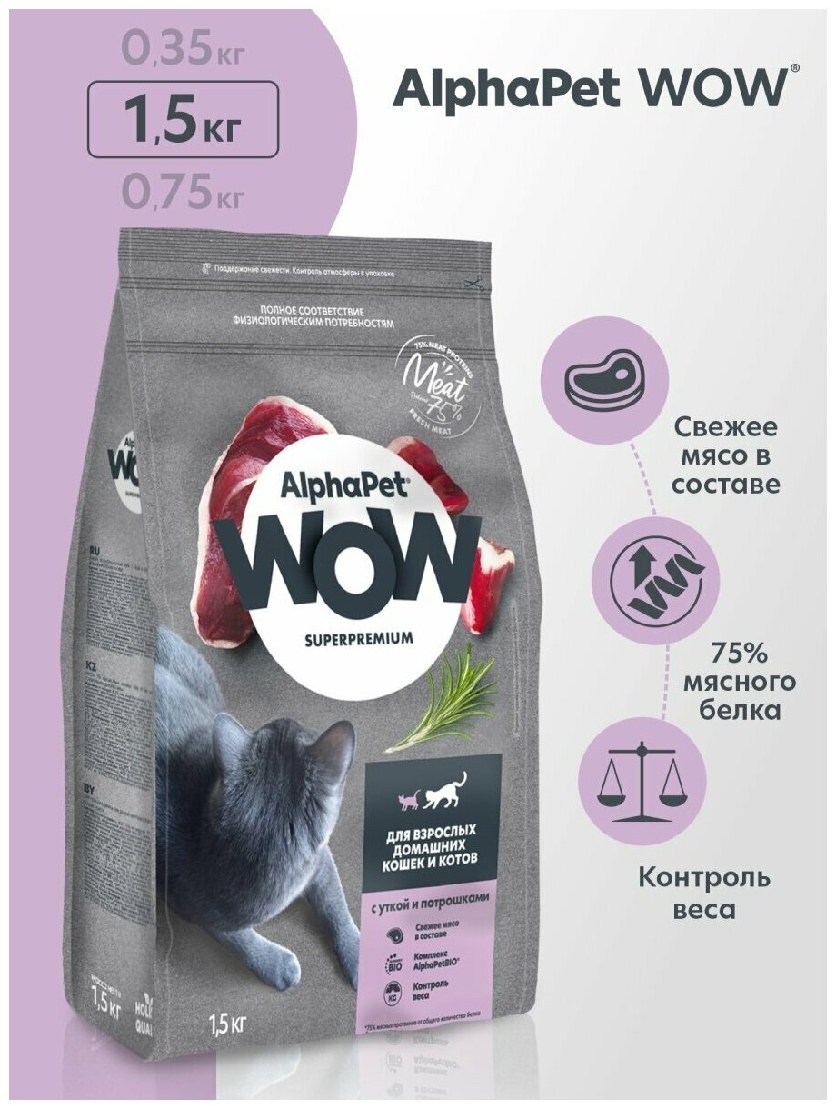 Сухой корм для взрослых кошек AlphaPet WOW с уткой и потрошками, 1,5 кг