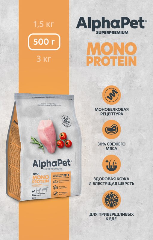 Сухой корм монопротеин для собак мелких пород AlphaPet Superpremium с индейкой, 0,5 кг