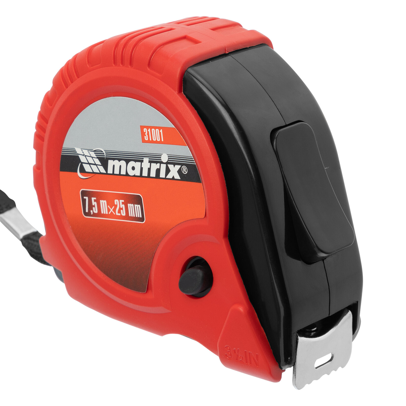Рулетка измерительная 7.5 м х 25 мм Matrix Rubber, обрезиненный корпус, стопор и 2 кнопки-паузы, 31001