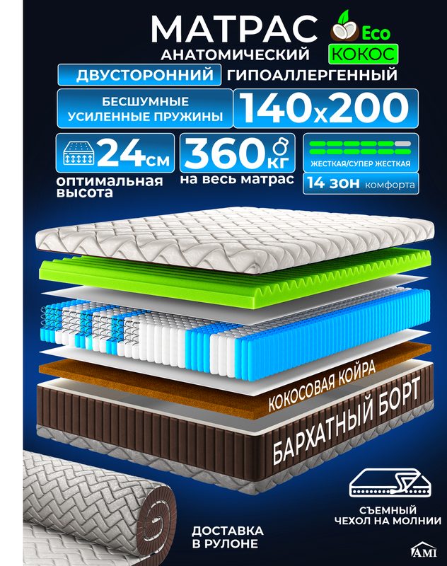 Анатомический двуспальный матрас 140х200 см на кровать, рулонный, независимый пружинный блок, съемный чехол Ами Мебель