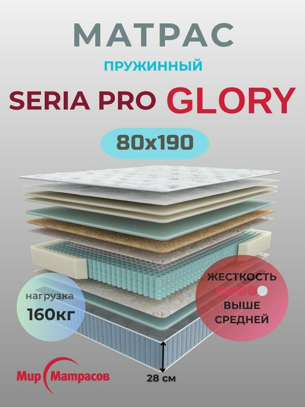 Матрас 80х190 Seria Pro Glory, Мир Матрасов, ортопедический, независимые пружины, высокий