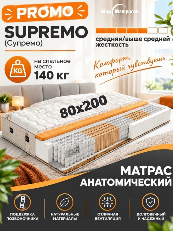 Матрас Supremo 80*200 Мир Матрасов, пружинный, ортопедический