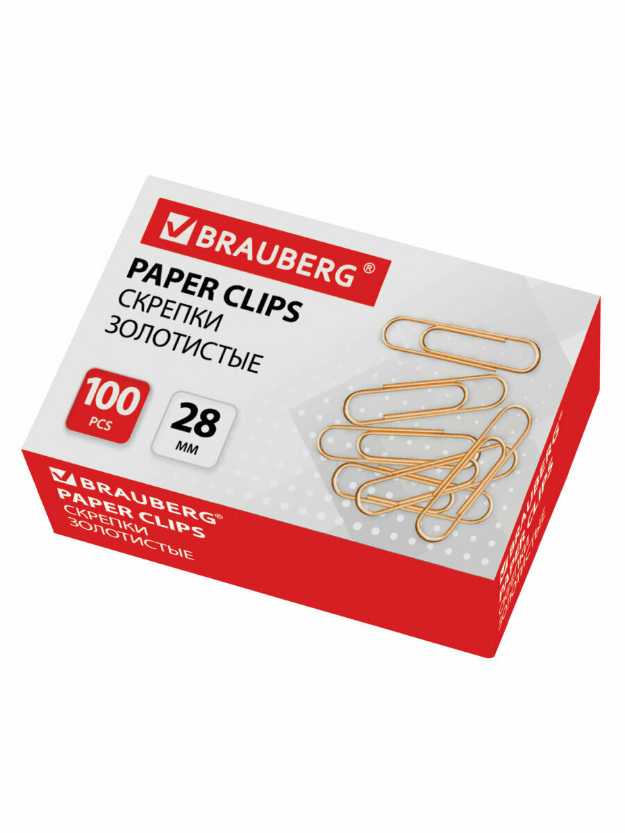 Скрепки Brauberg, 28 мм, золотистые, 100 шт, в картонной коробке, 221529