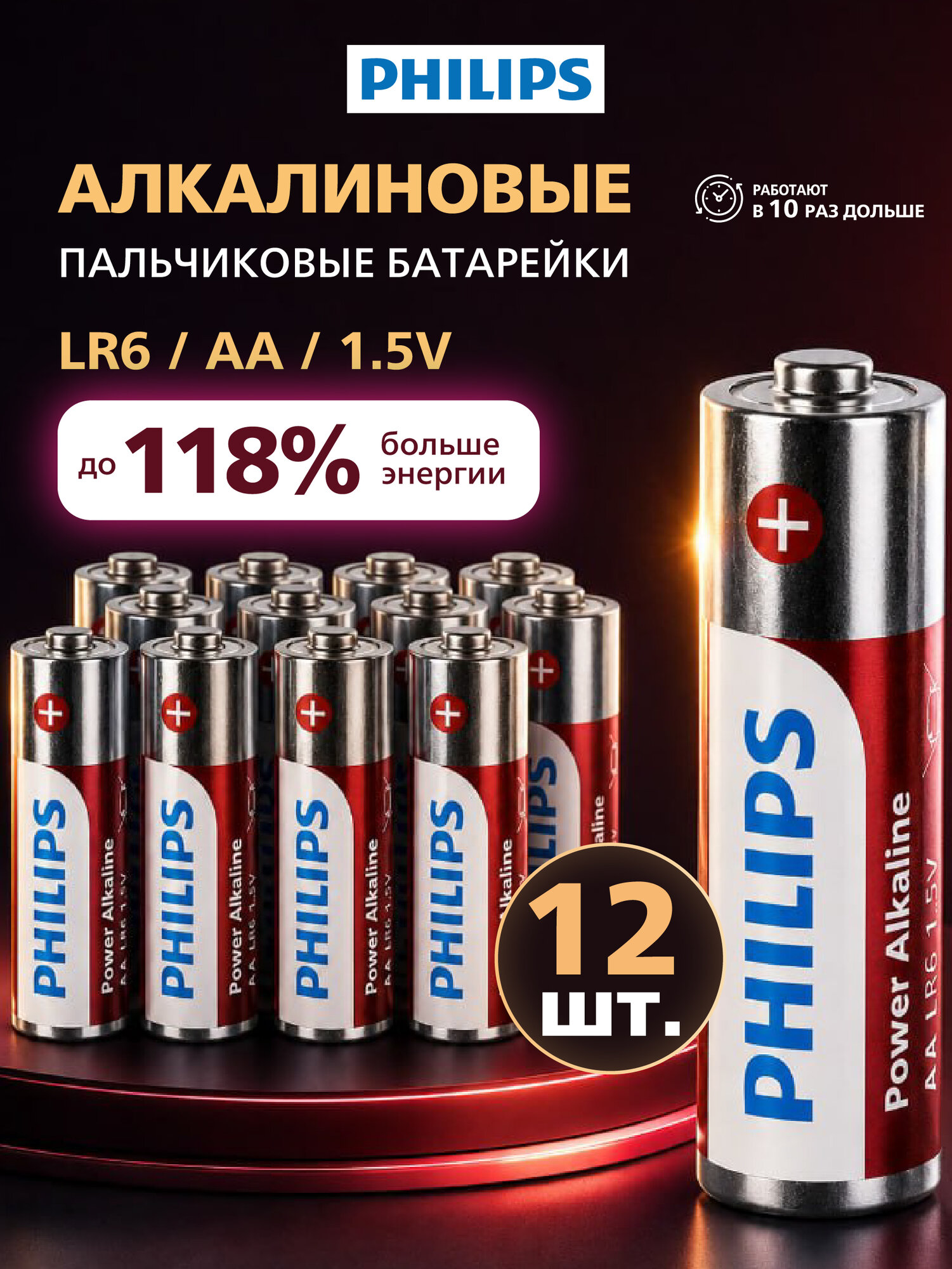 Батарейки Philips пальчиковые АА алкалиновые 1,5v 12 шт. LR6-12BL Power