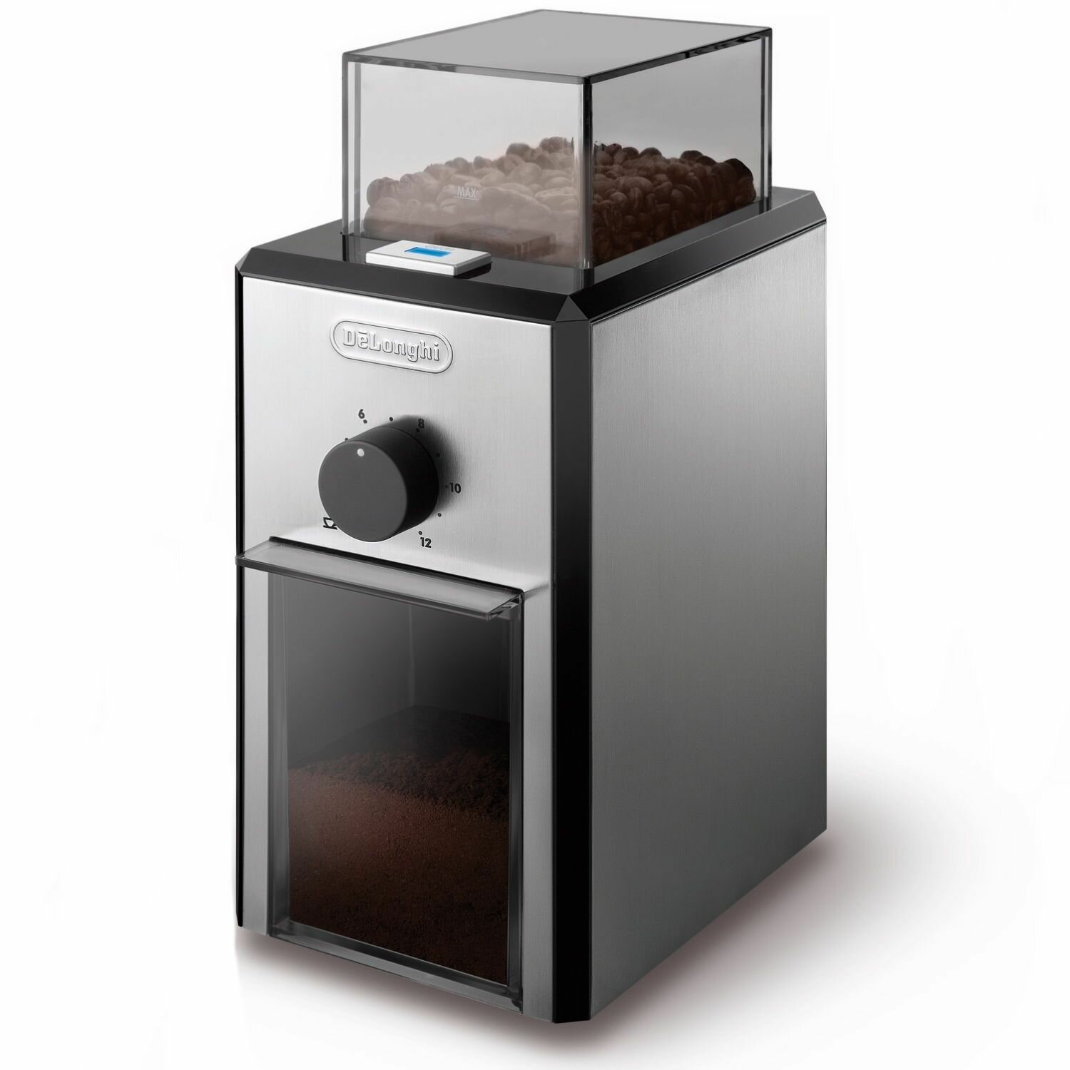 Кофемолка электрическая DeLonghi KG89 с регулировкой степени помола, мощность 110 Вт, емкость 120 г, серебристый/черный