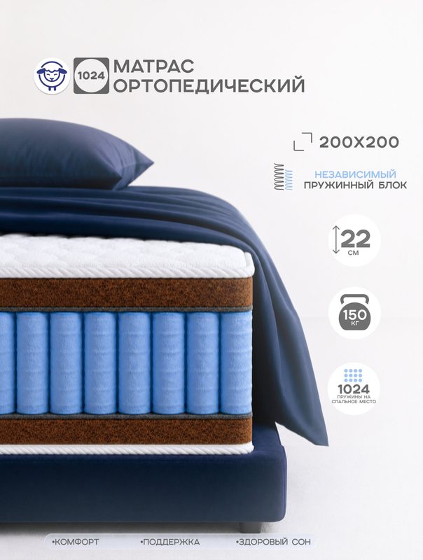 Матрас 200х200 жесткий, Ортис " Премиум Абсолют", на независимых пружинах, ортопедический
