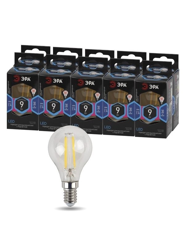 Лампочка светодиодная филаментная ЭРА LED Е14 P45 9Вт шар 4000К нейтральный белый свет, 1 шт