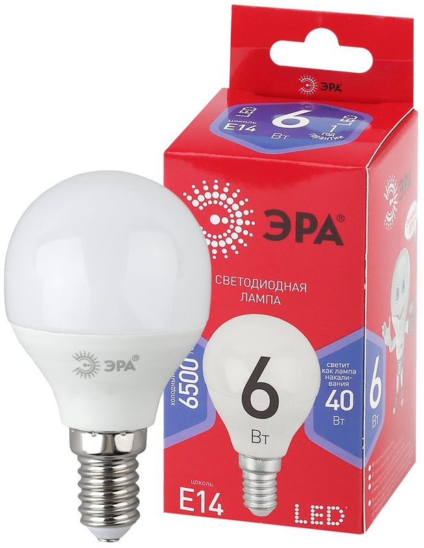 Лампочка светодиодная ЭРА LED Е14 P45 6Вт шар 6500К холодный белый свет, 1 шт