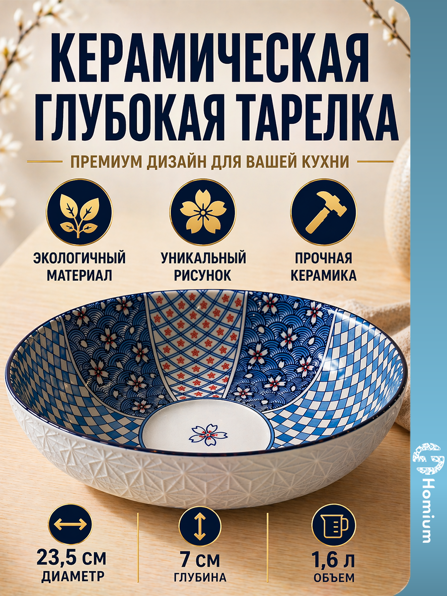 Тарелка глубокая керамическая Homium для первых и вторых блюд, D23,5 см, 1.6л