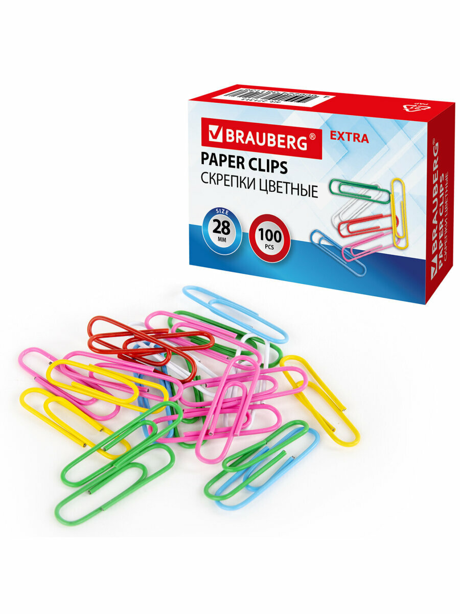 Скрепки Extra Brauberg 28 мм цветные 100 штук, 271313