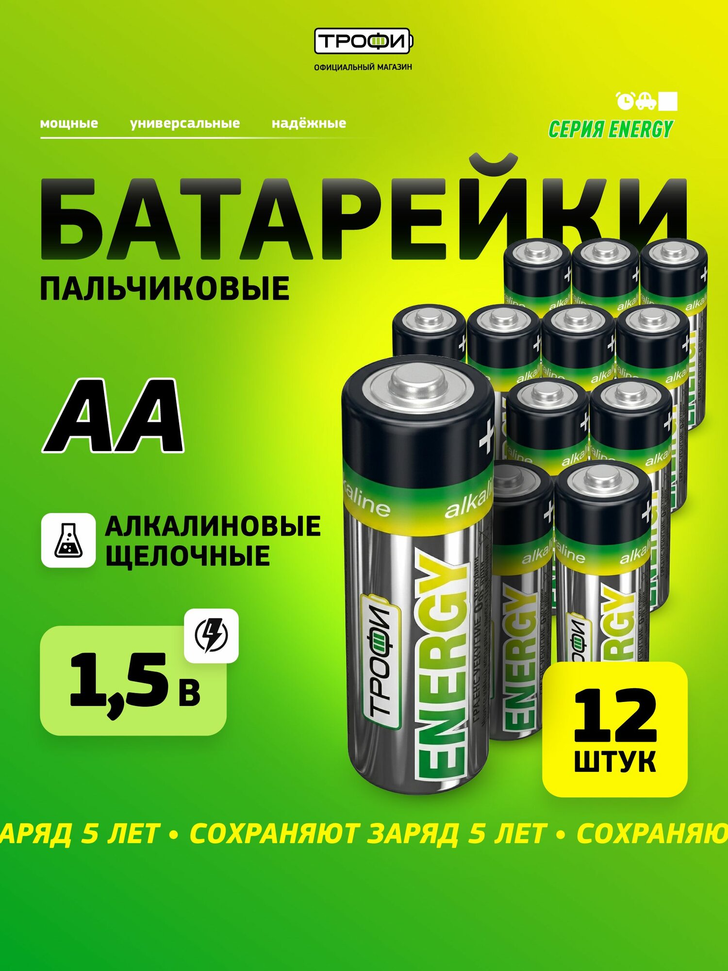 Батарейки пальчиковые АА Трофи LR6-12S ENERGY Alkaline, 12 штук