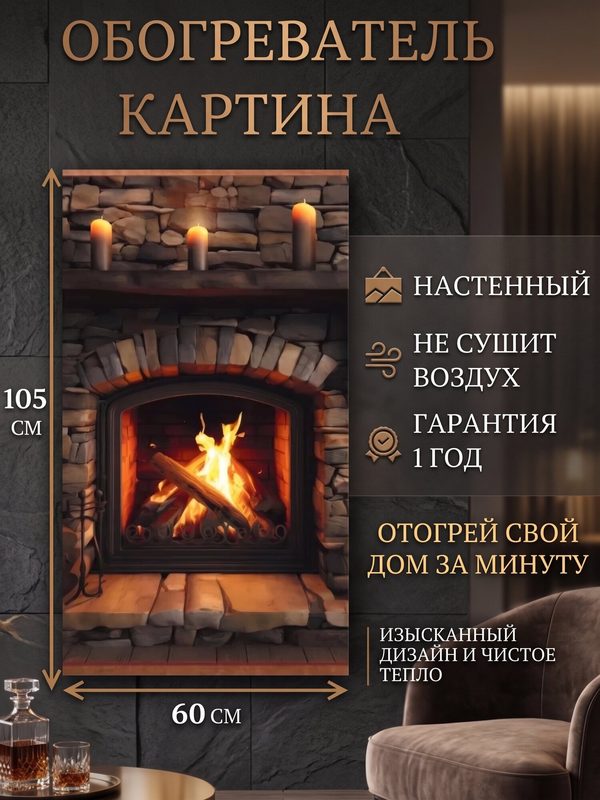 Инфракрасный обогреватель настенный пленочный Старый камин / Обогреватель картина на стену гибкий "Домашний очаг"
