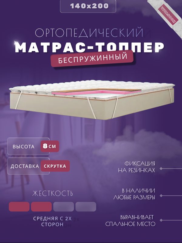 Топпер 140х200 беспружинный матрас на диван, на кровать, 8 см, кокосовый VitaSoon Medium Cocos 8 Ck
