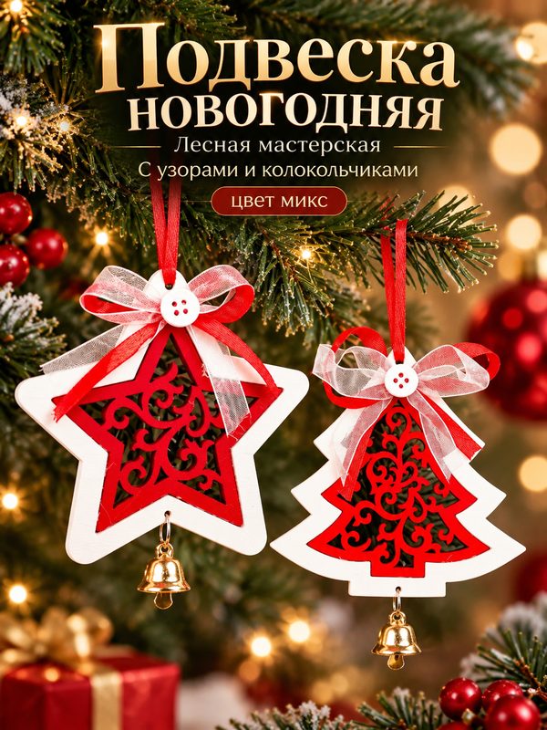 Подвеска новогодняя Лесная мастерская "С узорами и колокольчиками", цвет микс