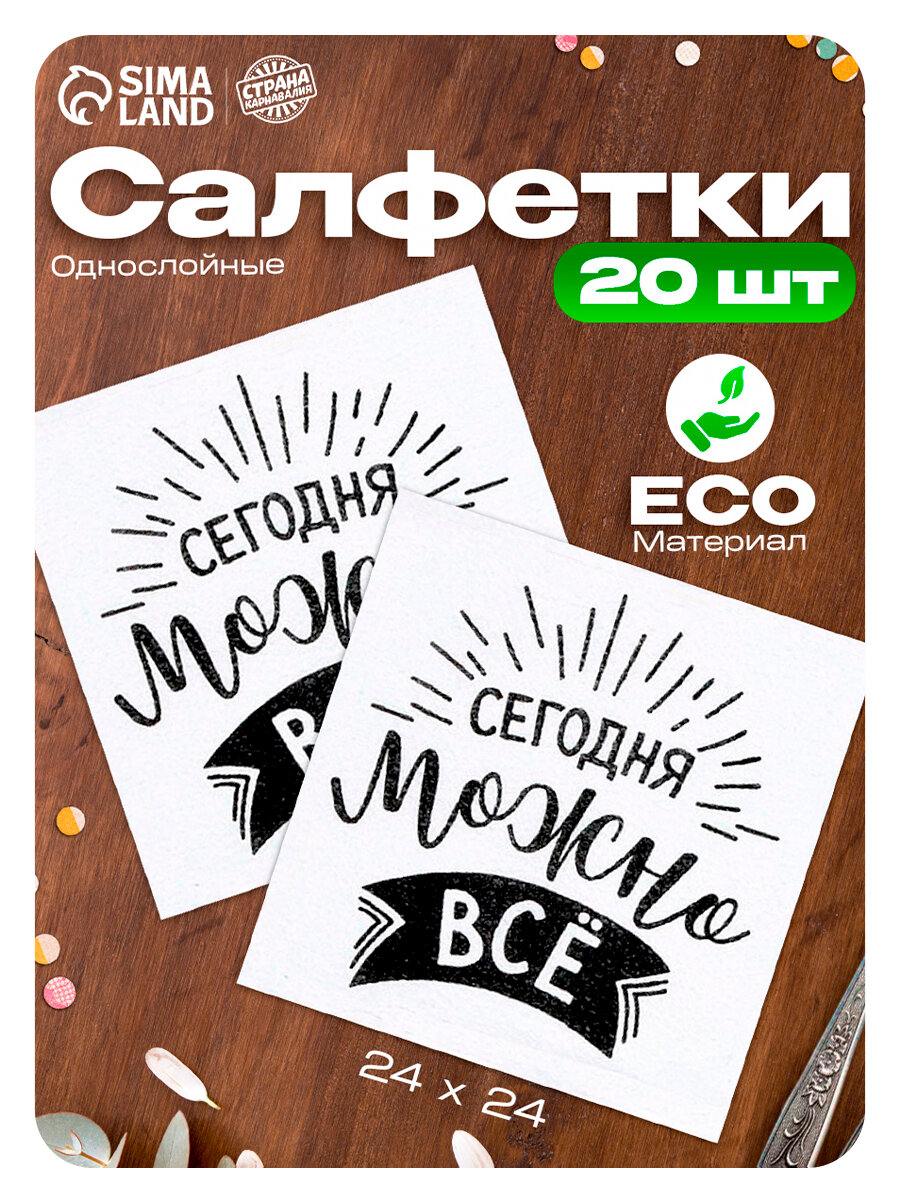 Салфетки бумажные «Сегодня можно всё», однослойные, 24х24 см, набор 20 шт.