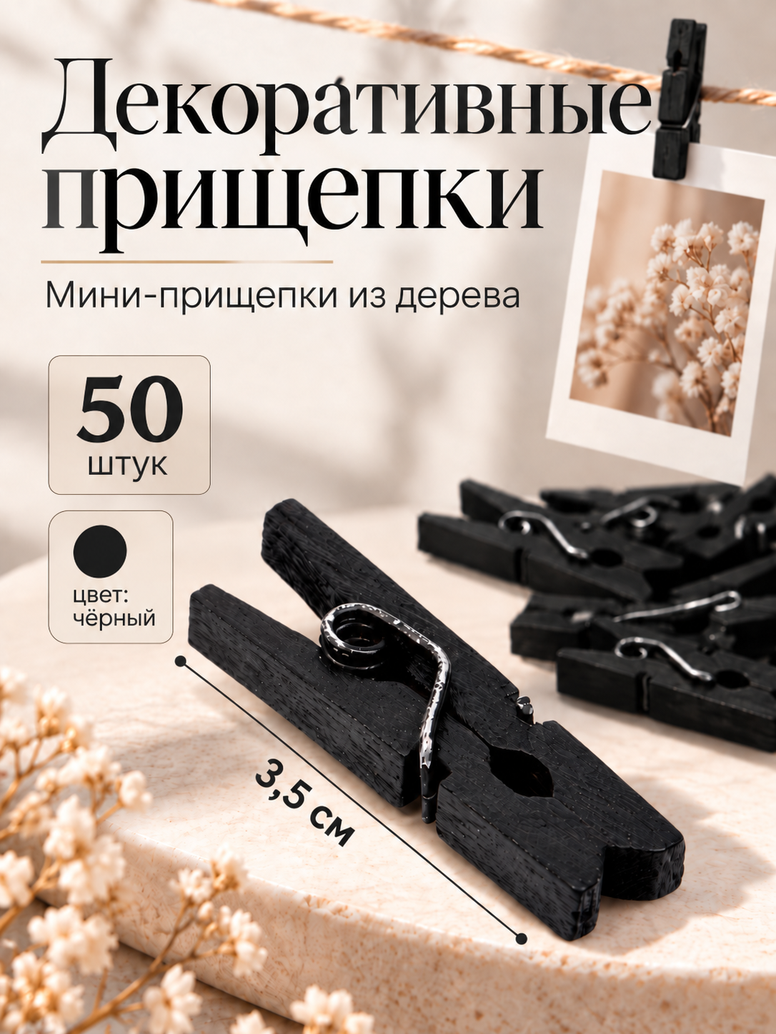 Набор прищепок Лесная мастерская, для декора, 50 шт, чёрные, 1 шт- 2,5 см