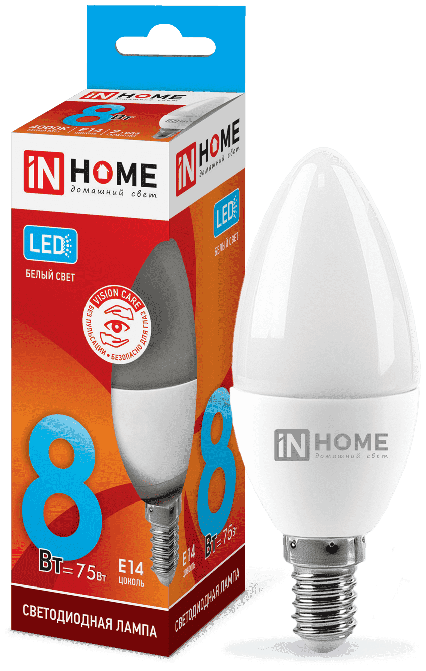 IN HOME Лампа светодиодная LED-СВЕЧА-VC 8Вт свеча 4000К нейтр. бел. E14 760лм 230В 4690612020433