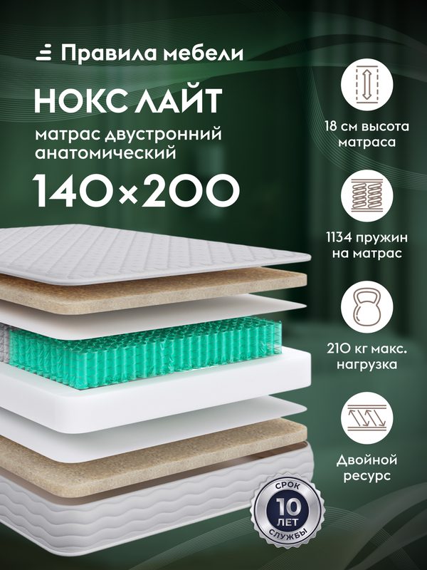 Матрас Нокс лайт, 140х200 см, независимые пружины, средняя жесткость, Белый
