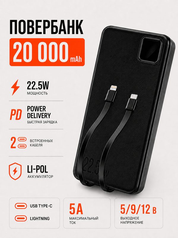 Внешний аккумулятор Power Bank 20000mAh с быстрой зарядкой и встроенными кабелями