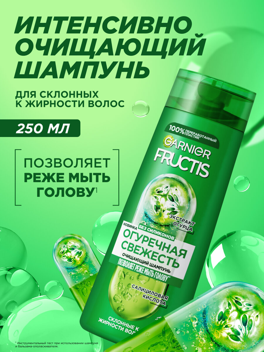 Garnier Fructis Укрепляющий шампунь для волос Фруктис, Огуречная Свежесть, для волос, склонных к жирности, 250 мл