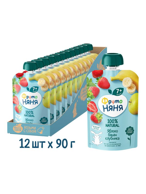 Спайка Десерт ФрутоНяня яблоко, банан, клубника, 90г (12 шт)