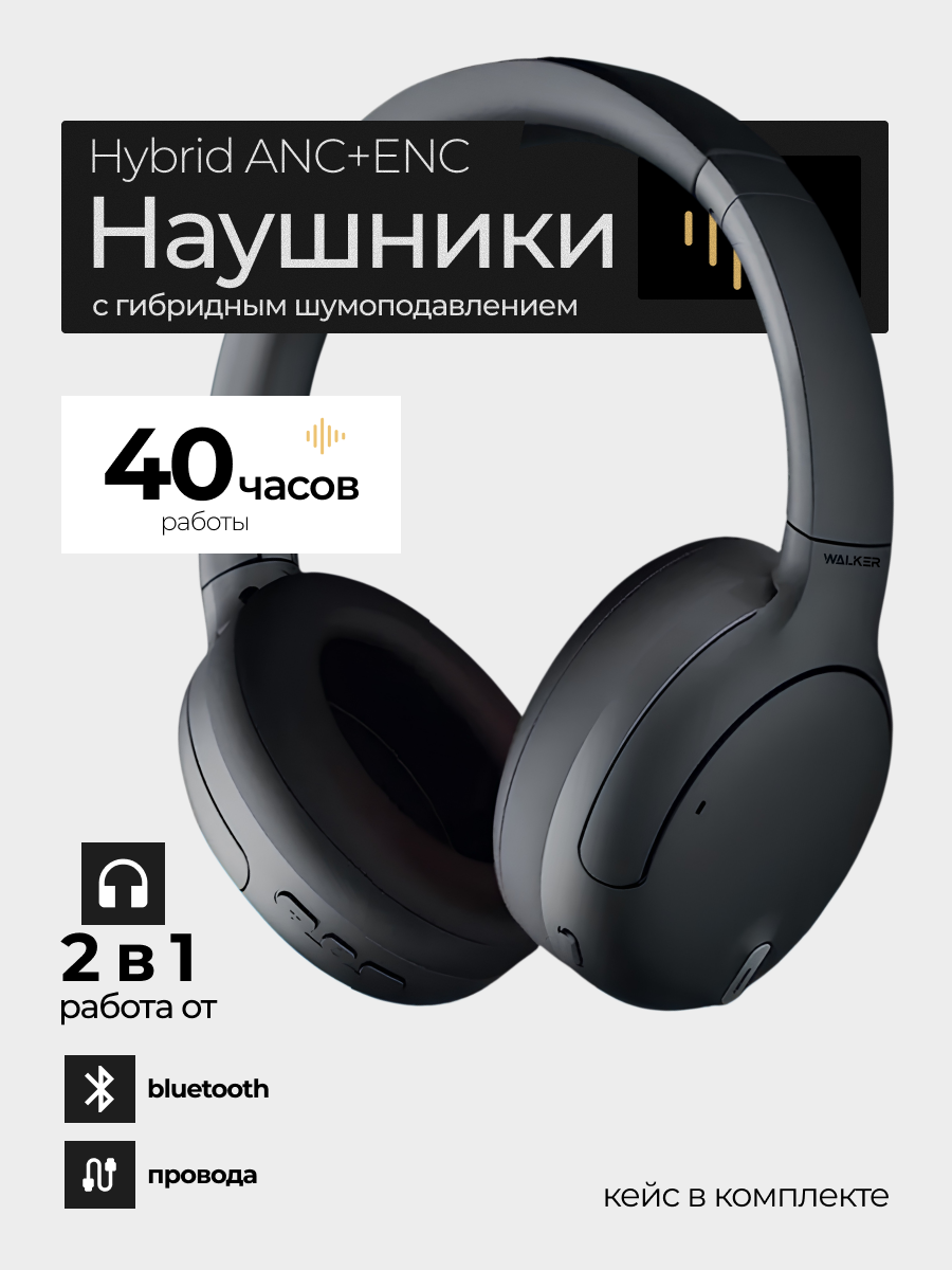Наушники беспроводные большие накладные с шумоподавлением ANC, Bluetooth 6.0, до 40 часов работы, цвет черный