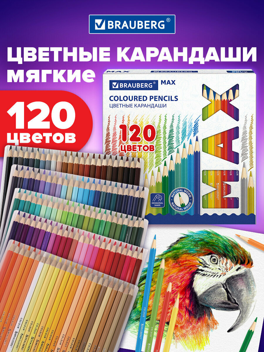Карандаши цветные супермягкие, набор 120 цветов, грифель 3,3 мм, шестигранные, натуральное дерево, Brauberg Max, 182006