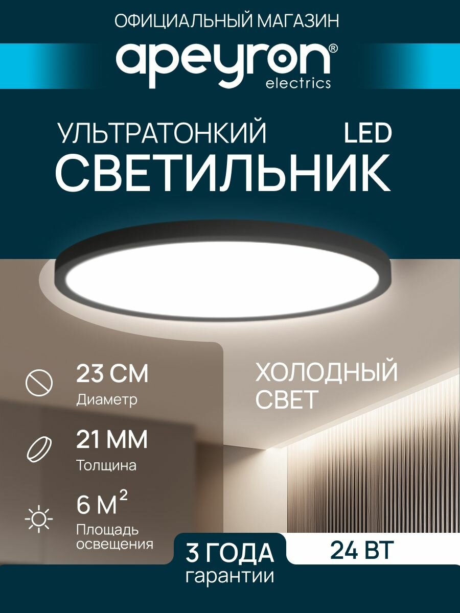 Светильник светодиодный накладной Apeyron 18-128, SPIN, 24Вт, 6500К, d230х25 мм, черный
