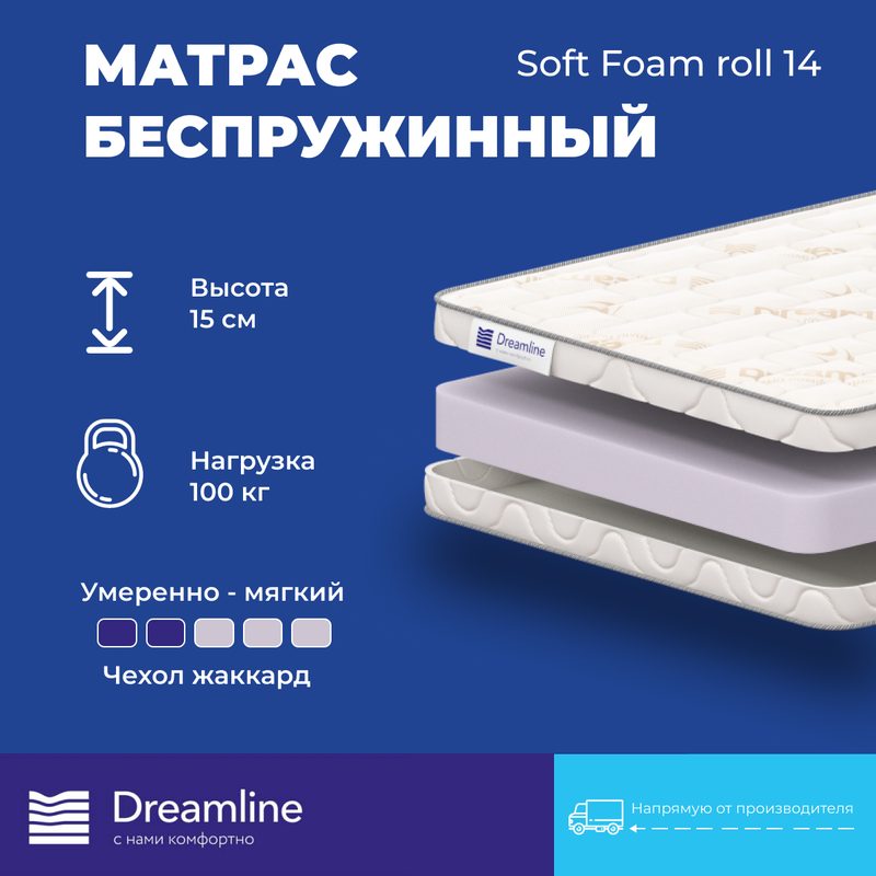 Матрас Dreamline Soft Foam roll 14 140x190х15 см, беспружинный, ППУ, мягкий