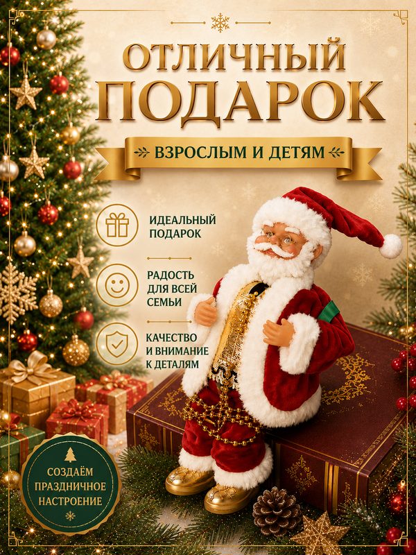Музыкальный Дед Мороз Vitfishing, воск/пластик/бархат, высота 22 см