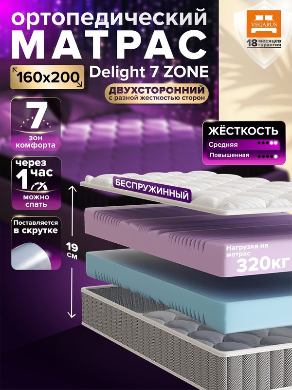 Матрас 160×200 на кровать, беспружинный, ортопедический, Delight 7 Zone