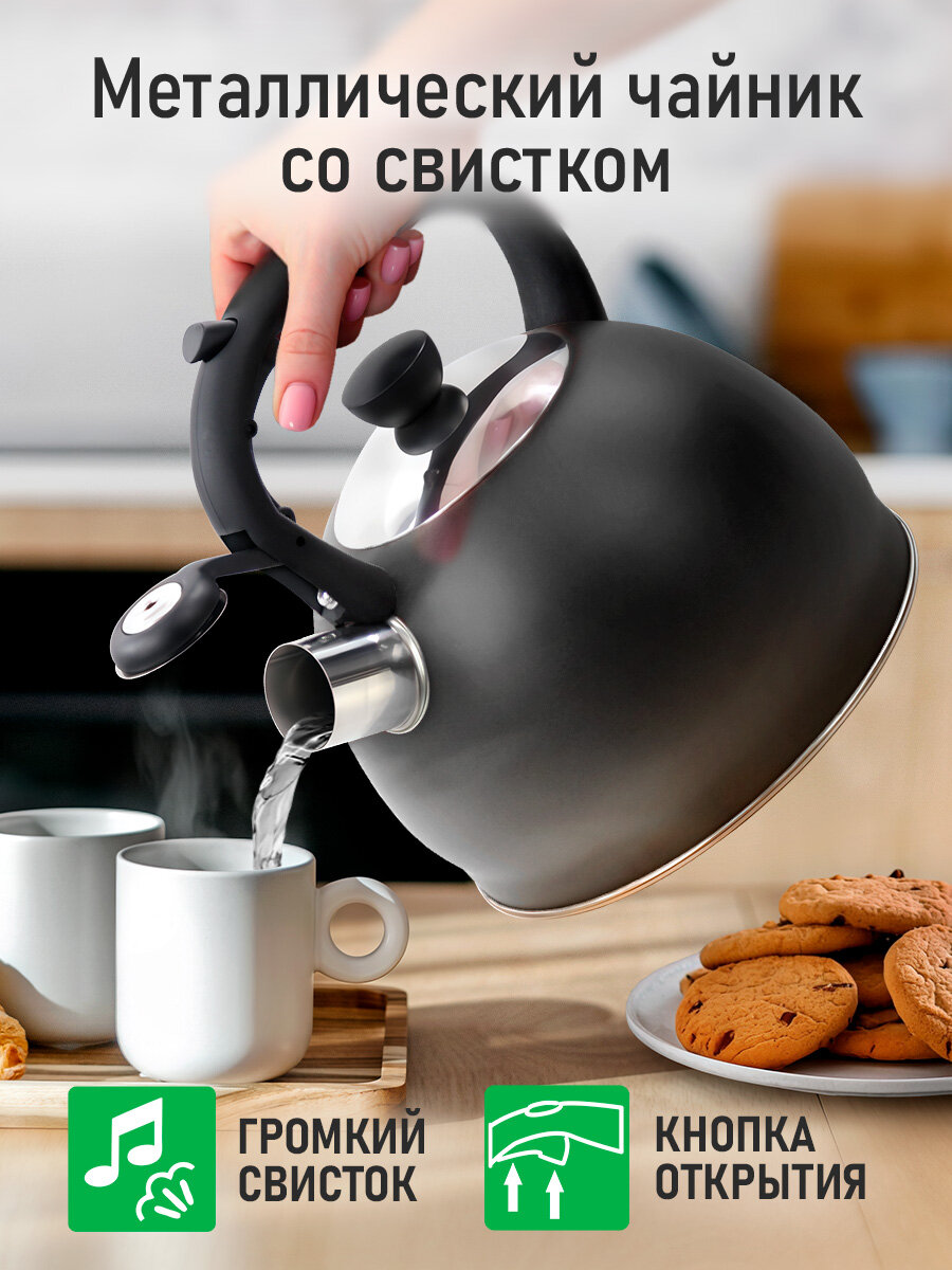 Чайник металлический со свистком MARTA MT-3015 черный графит