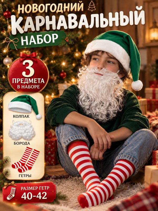 Карнавальный набор "Гномик", борода, колпак, гетры, страна Карнавалия