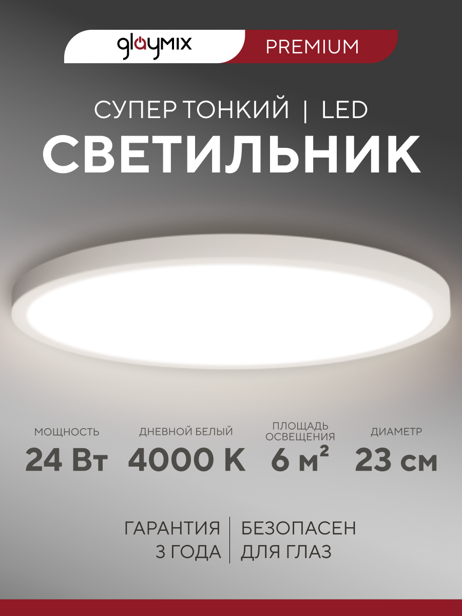 Светильник потолочный светодиодный 24 Вт / Люстра для кухни, спальни, зала, гостиной комнаты, детской, прихожей, гаража / настенный круглый, накладной