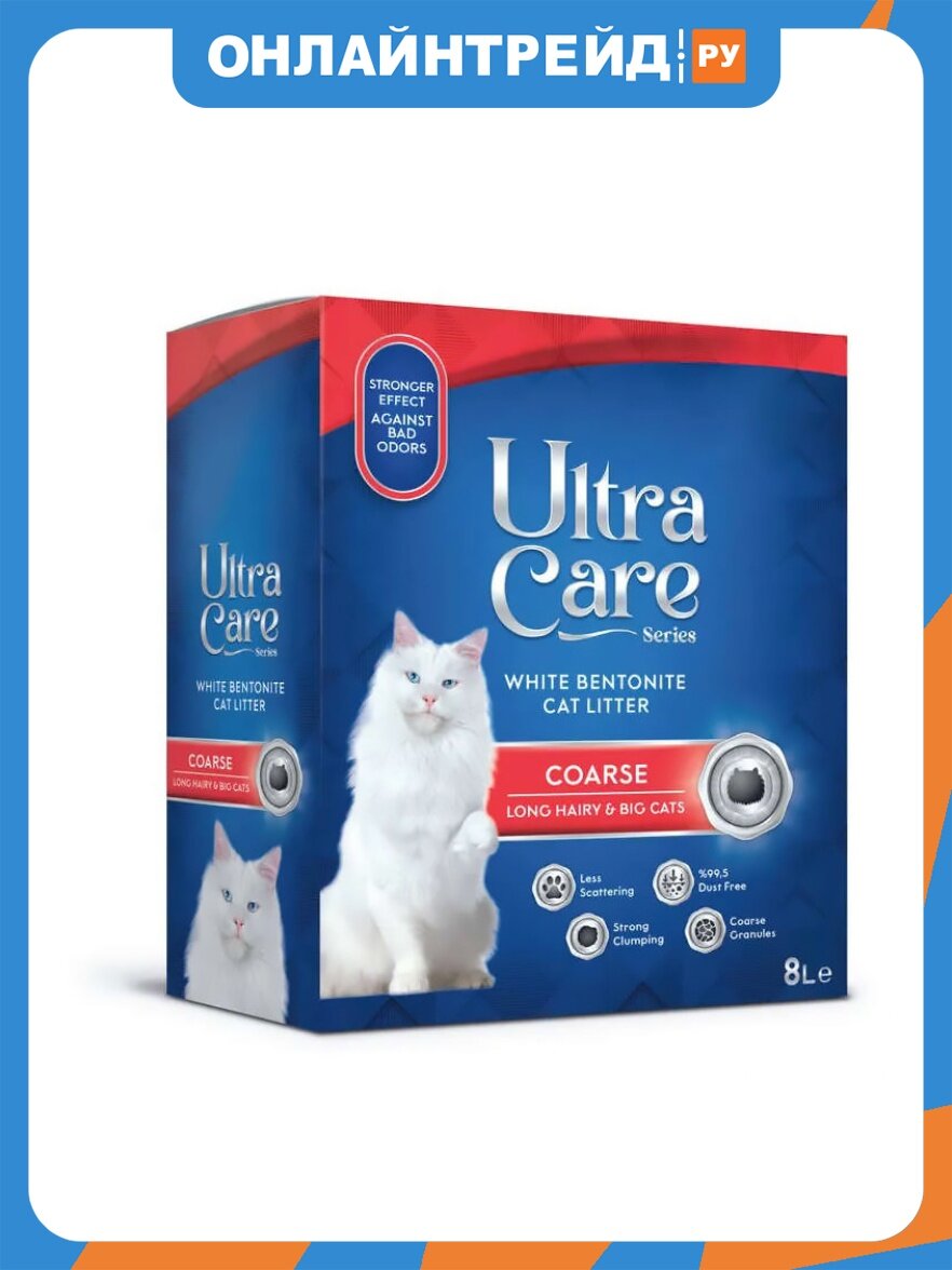 Наполнитель для кошачьих туалетов Ultra Care Coarse Long Hairy & Big Cats комкующийся для длинношерстных и крупных кошек, в двойном картоне, 7 кг