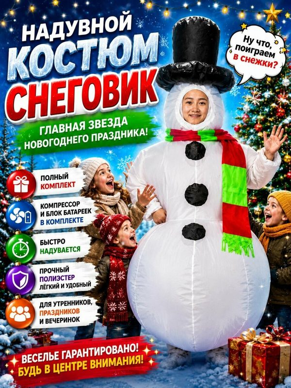 Надувной костюм "Снеговик" I-Brigth Company, полиэстер, белый
