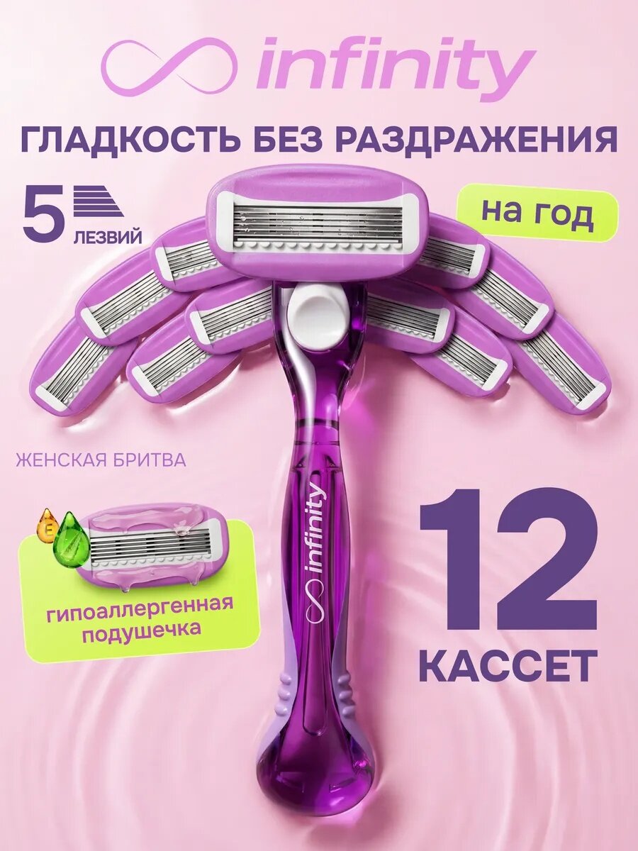 Бритва женская станок для бритья с 12 кассетами INFINITY ComfortGlide, 5 лезвий